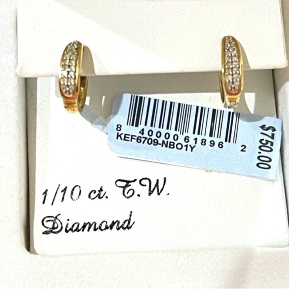 14K Yellow Solid Gold Real Diamonds Hoops - Picture 2 of 3